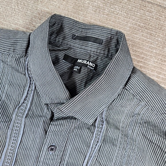 Murano Other - Murano Mens XL Grey Striped Pintuck Fitted Short Sleeve Button Down Shirt